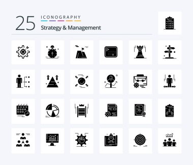 Strategy And Management 25 Solid Glyph icon pack including direction route. map. bell. land. sucess