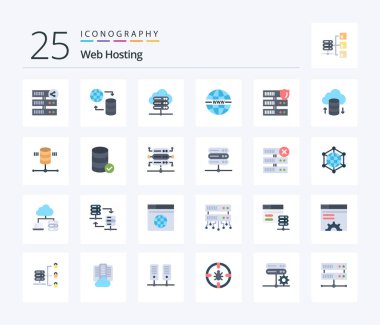 Web Hosting 25 Flat Color icon pack including network. web. web. system. internet