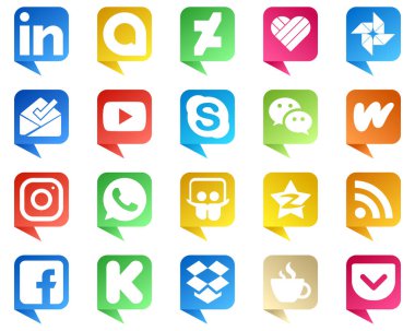 20 Chat bubble style Icons for Top Social Media Platforms such as instagram. video. literature and messenger icons. Fully customizable and professional