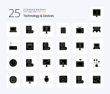 Devices 25 Solid Glyph icon pack including hardware. tv. display. television. radio