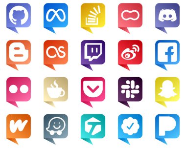20 Simple Chat bubble style Social Media Icons such as twitch. blog. mothers. blogger and text icons. Versatile and high quality