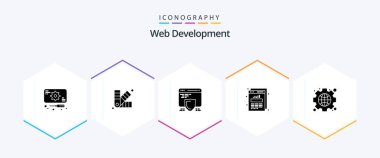 Web Development 25 Glyph icon pack including interface. web stats. protection. graph. chart