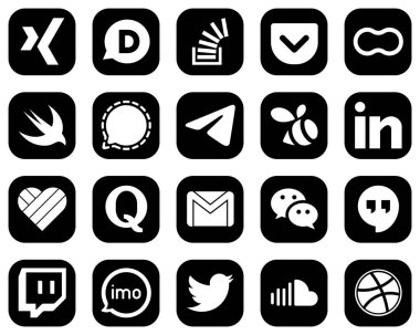 20 Professional White Social Media Icons on Black Background such as swarm. messenger. mothers. telegram and mesenger icons. Eye-catching and high-quality