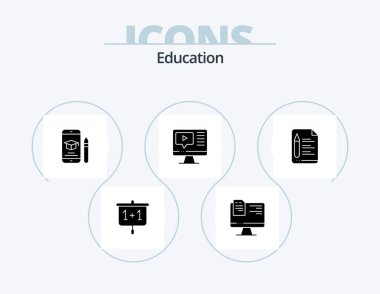 Education Glyph Icon Pack 5 Icon Design. file. video. cap. play. pencil