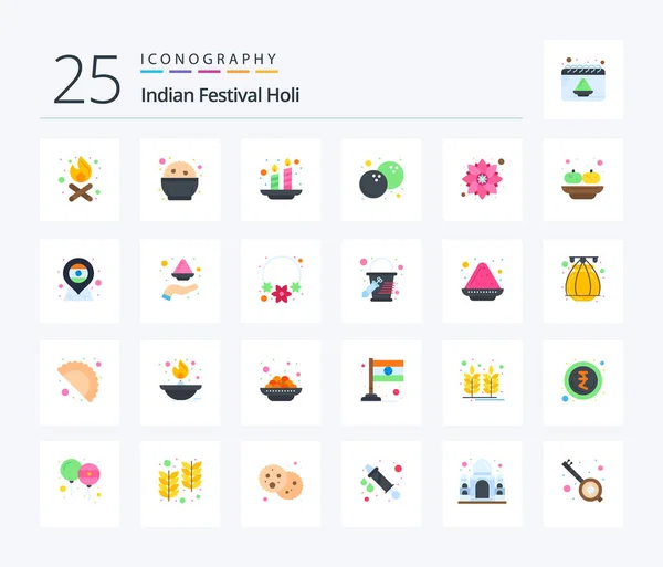 Holi Flat Color Icon Pack Including Party Pattern Holi Decoration — Archivo Imágenes Vectoriales