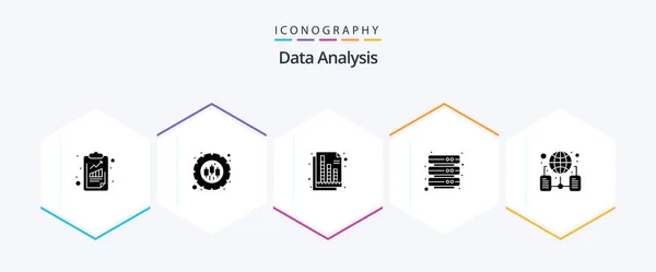 Data Analysis Glyph Icon Pack Including World Wide Report Management — Stockvector