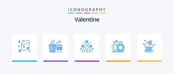 Valentine Blue Icon Pack Including Cake Love Fire Wedding Ring — Vettoriale Stock