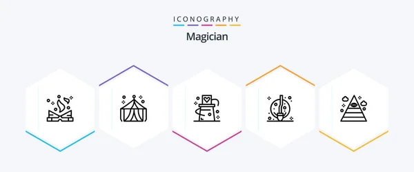 Magician Line Icon Pack Including Eye Moon Card Fly Trick — Vettoriale Stock