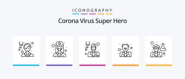Corona Virus Super Hero Line Icon Pack Including Girl Woman — 图库矢量图片