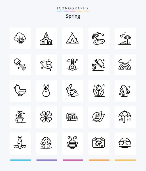 Creative Spring Outline Icon Pack Shovel Spring Camp Tree Beach — Stockový vektor