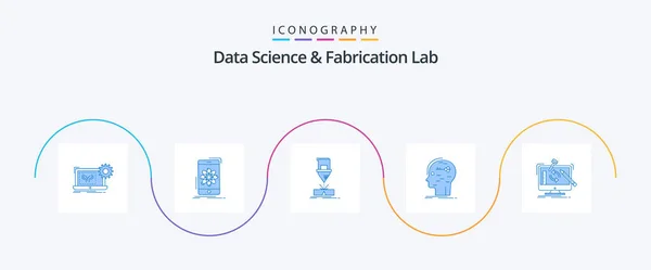 Data Science Fabrication Lab Blue Icon Pack Including Hacking Brain — Stok Vektör