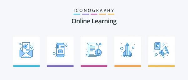 Online Learning Blue Icon Pack Including Rocket Pen Study Launch — Stockvector