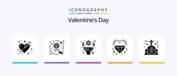 Valentines Day Glyph Icon Pack Including Marriage Heart Travel Diamond — Stock vektor