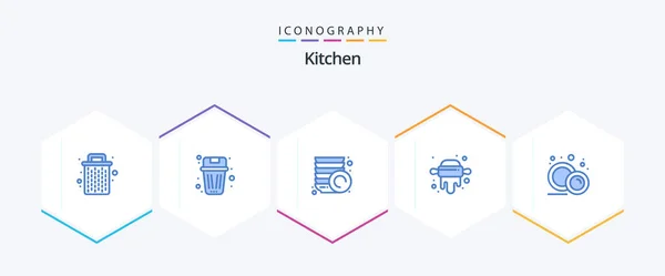 Kitchen Blue Пакет Значков Включая Тарелку Едой Посуда Посуда Мусор — стоковый вектор