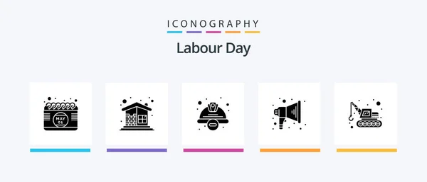 Labour Day Glyph Icon Pack Including Excavator Megaphone Wall Announce — Wektor stockowy