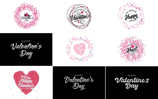 Happy Valentine Day Typography Design Watercolor Texture Heart Shaped Wreath — Stock Vector