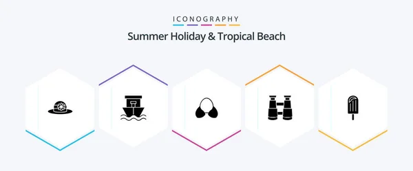 Beach Glyph Icon Pack Including Dessert Beach Beach Watch Binoculars — Wektor stockowy