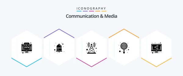 Communication Media Glyph Icon Pack Including Screen Globe Antenna Search — Διανυσματικό Αρχείο