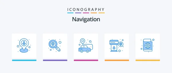 Navigation Blue Icon Pack Including Passport Book Search Car Station — Archivo Imágenes Vectoriales