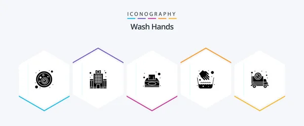Wash Hands Glyph Icon Pack Including Corona Water Bowl Box — Stock Vector