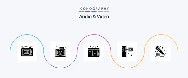 Audio Video Glyphh Icon Pack Включая Звук Микрофон Регулировка Видеокамера — стоковый вектор
