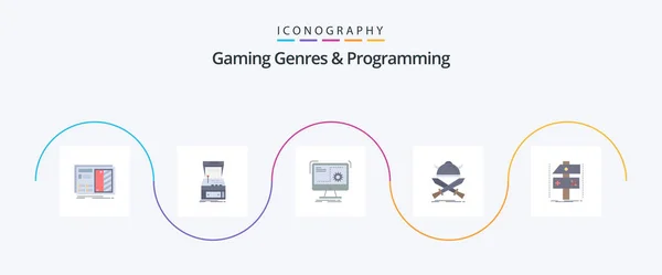 Gaming Genres Programming Flat Icon Pack Including Viking Battle Machine — Archivo Imágenes Vectoriales