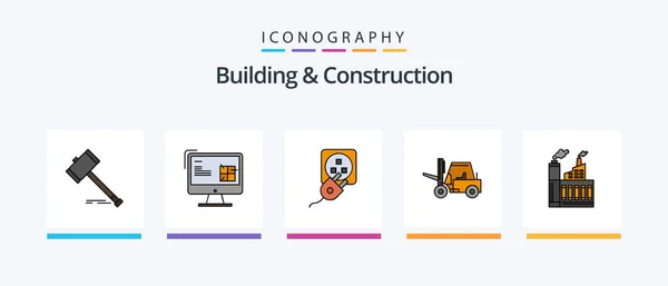 Building Construction Line Filled Icon Pack Including Repair Building Tool — Stok Vektör