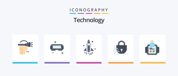 Technology Flat Icon Pack Including Time Hand Watch Launch Technology — Vetor de Stock
