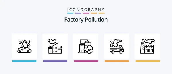 Factory Pollution Line Icon Pack Including Landscape Factory Damage Pollution — Stock Vector