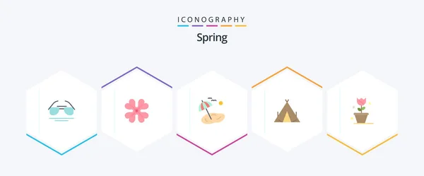 Spring Flat Icon Pack Including Floral Spring Beach Wigwam Camp — Vector de stock