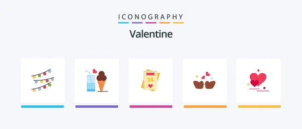 バレンタインフラット5アイコンパック愛を含む バレンタインデーだ アイスクリームだ 2月2日 クリエイティブアイコンデザイン — ストックベクタ