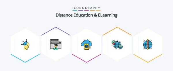 Distance Education Elearning Filledline Icon Pack Including Global User Scholar — Vector de stock
