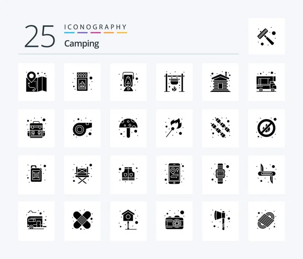 Camping Solid Glyph Icon Pack Including Wood Fire Lantern Cook — 图库矢量图片