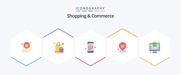 Shopping Commerce Flat Icon Pack Including Online Shopping Barcode Shop — Stok Vektör