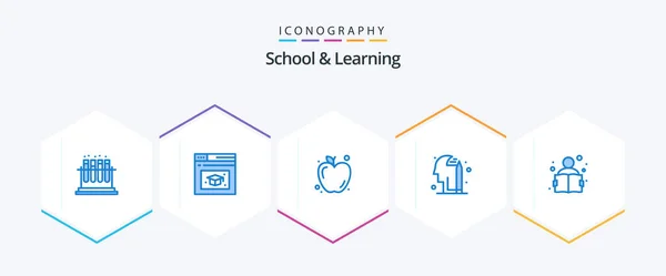 School Learning Blue Icon Pack Including Reading Food Knowledge Pencile — Vector de stock