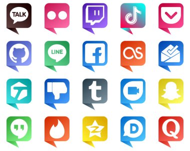20 Modern Chat bubble style Social Media Icons such as tagged. lastfm and facebook icons. Minimalist and customizable