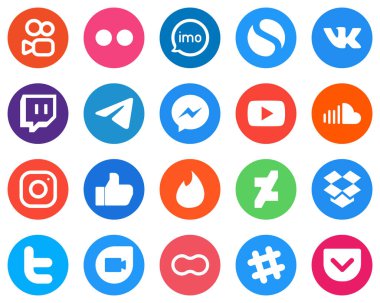 20 Fresh White Icons video. fb. vk and facebook Flat Circle Backgrounds