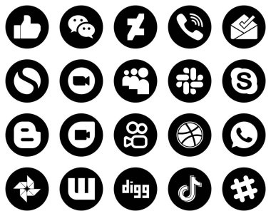 20 Simple White Social Media Icons on Black Background such as chat. slack. inbox. myspace and meeting icons. Fully customizable and professional