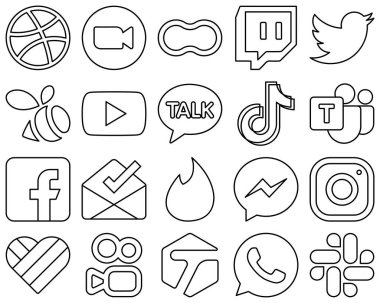 20 High-definition and editable Black Outline Social Media Icons such as video. tiktok. twitch. kakao talk and youtube icons. Professional and high-definition