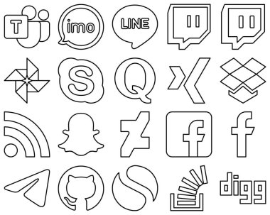 20 Simple and minimalist Black Outline Social Media Icons such as snapchat. rss. google photo. dropbox and question icons. Minimalist and professional