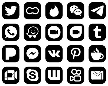 20 Clean White Social Media Icons on Black Background such as google duo. meeting. telegram. video and waze icons. Modern and minimalist