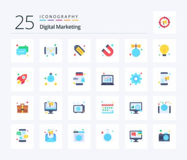 Digital Marketing 25 Flat Color icon pack including global. magnet. brand. customer. attract