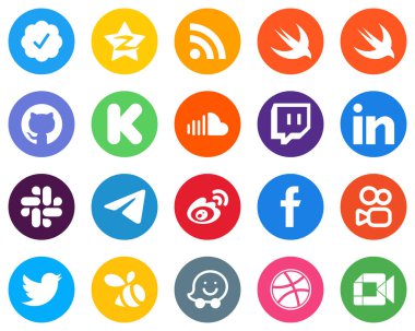 20 Simple White Icons telegram. professional. kickstarter. linkedin and music Flat Circle Backgrounds