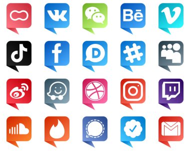 20 Chat bubble style Social Media Brand Icons such as disqus. fb. video. facebook and china icons. High definition and versatile