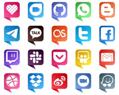 20 Simple Chat bubble style Social Media Icons such as slack. fb and tweet icons. Versatile and high quality
