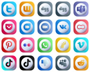 Cute 3D Gradient Icons for Major Social Media 20 pack such as flickr. women. zoom. mothers and vk icons. Modern and High-Resolution