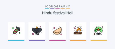 Holi Line Filled 5 Icon Pack Including party. music. holi. drum. pattern. Creative Icons Design