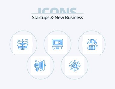 Startups And New Business Blue Icon Pack 5 Icon Design. case. bag. box. online meeting. meeting