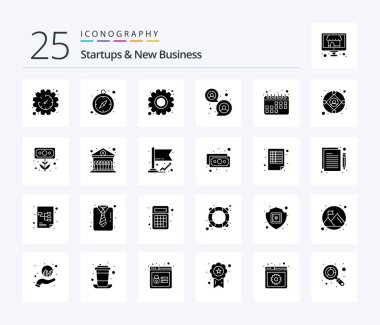Startups And New Business 25 Solid Glyph icon pack including business. calendar. gear. appointment. group