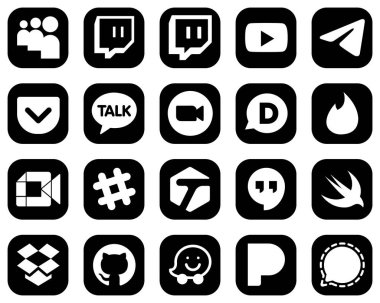 20 High-Resolution White Social Media Icons on Black Background such as google meet. kakao talk and tinder icons. Clean and professional